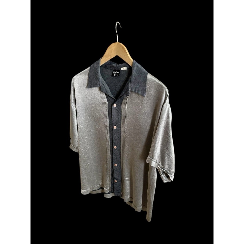 Vintage Y2K Anchor Blue Short Sleeve Button-Up Metallic Silver Shirt Large 90's